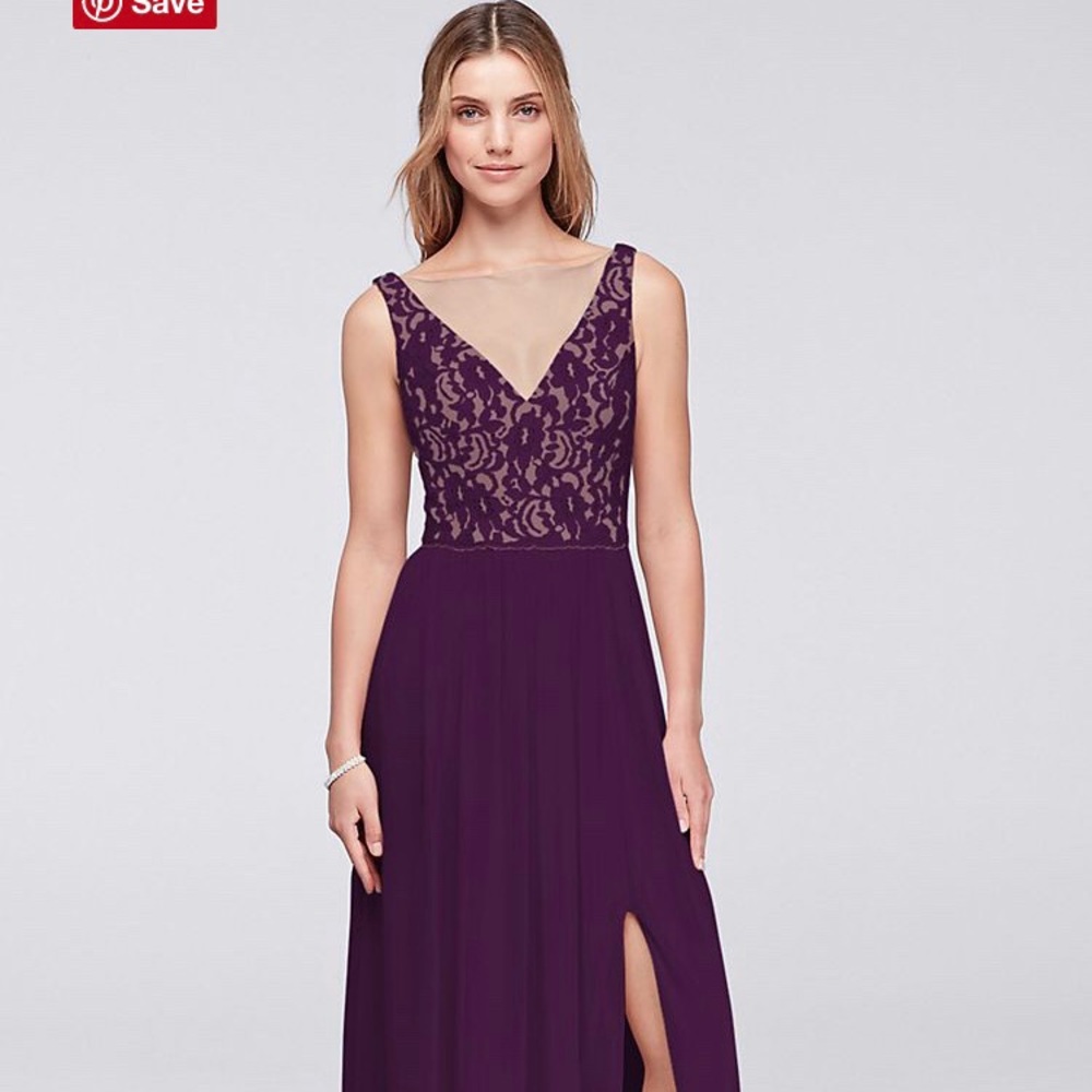 David’s Bridal floor length plum formal dress